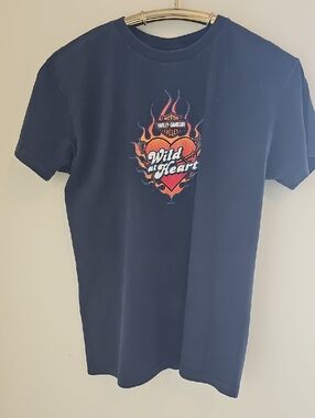 Harley-Davidson Navy Tee with Red and Orange Flaming Heart Graphic